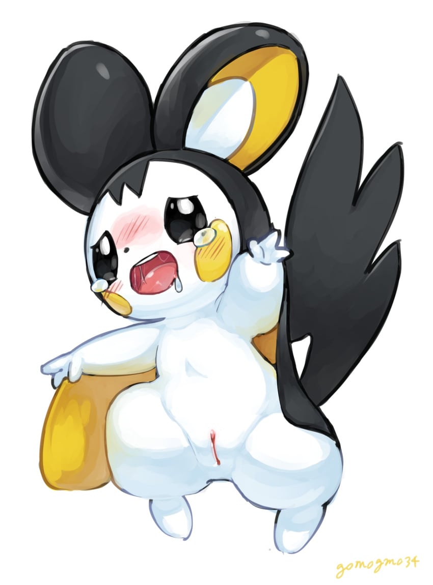 2021 black_body black_fur blush bodily_fluids drooling emolga female feral fur furry furry_only genitals gomogomo hi_res looking_pleasured nintendo open_mouth pokémon_(species) pokemon pussy saliva signature simple_background solo tears video_games white_background white_body white_fur