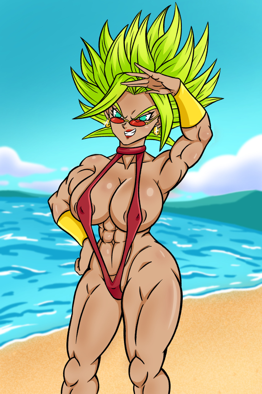 1girls abs areolae armpits beach bikini blue_eyes dragon_ball dragon_ball_super female female_only female_saiyan green_hair kale kale_(berserker) legendary_super_saiyan lipstick looking_over_eyewear looking_over_glasses looking_over_sunglasses muscular red-tinted_eyewear saiyan solo sunglasses super_saiyan super_saiyan_2 superspacewarrior tan_body tinted_eyewear universe_6 universe_6/universe_7 wizkid28