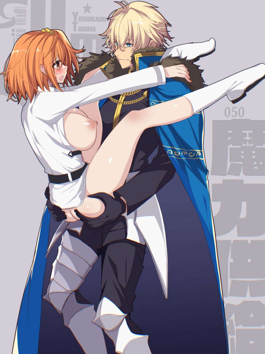 1boy ass_grab blonde_hair breasts chaldea_uniform clothed_sex dress fate/grand_order fate_(series) female fujimaru_ritsuka_(female) gawain_(fate) highres implied_penetration implied_sex large_breasts orange_hair sex sex_under_dress short_hair standing standing_sex tajima_yoshikazu