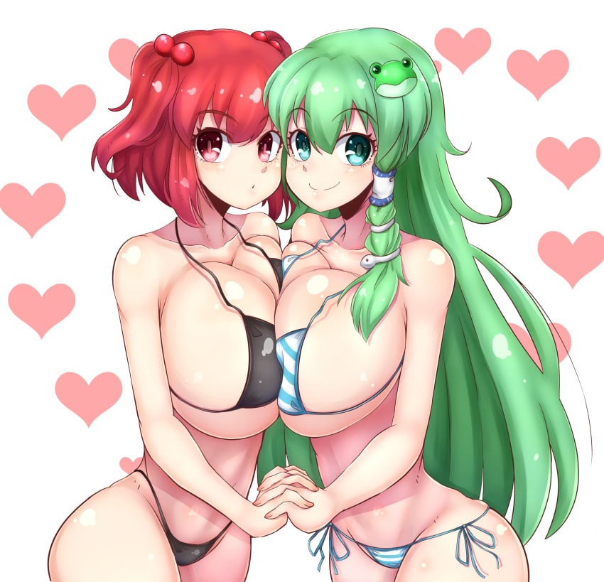 2girls asymmetrical_docking big_breasts heart komachi_onozuka norori sanae_kochiya tagme touhou yuri