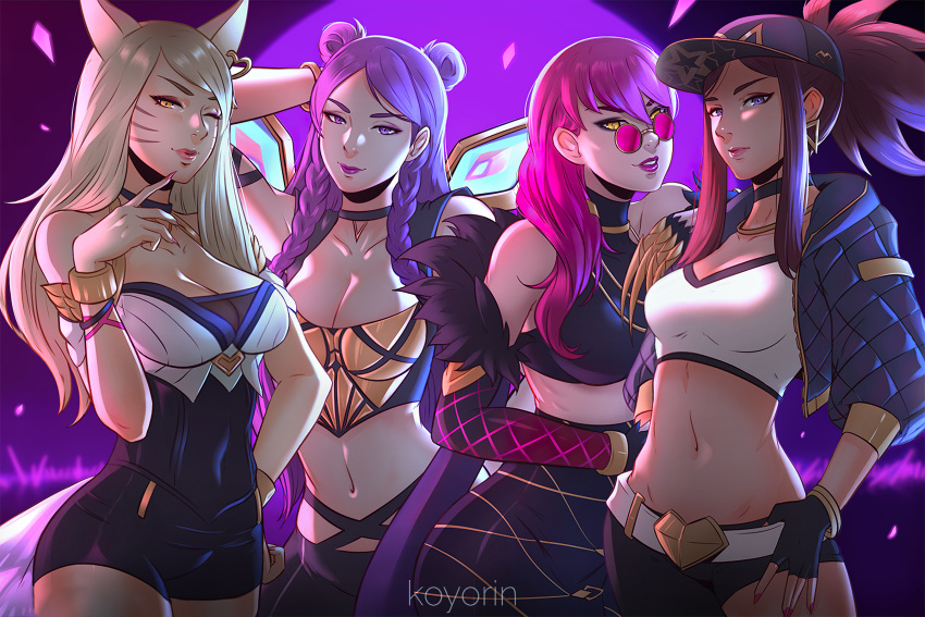 4girls ahri akali armpits arms_behind_back arms_up athletic athletic_female big_ass blonde_hair cap cleavage clothing evelynn eyewear female female_only fox_ears hat hi_res k/da_ahri k/da_akali k/da_evelynn k/da_kai'sa k/da_series kai'sa koyorin league_of_legends light-skinned_female looking_at_viewer looking_over_eyewear looking_over_glasses looking_over_sunglasses midriff multiple_girls popstar purple-tinted_eyewear riot_games strapless strapless_leotard strapless_top strapless_topwear succubus sunglasses thick_thighs tight_clothing tight_fit tinted_eyewear tubetop wink