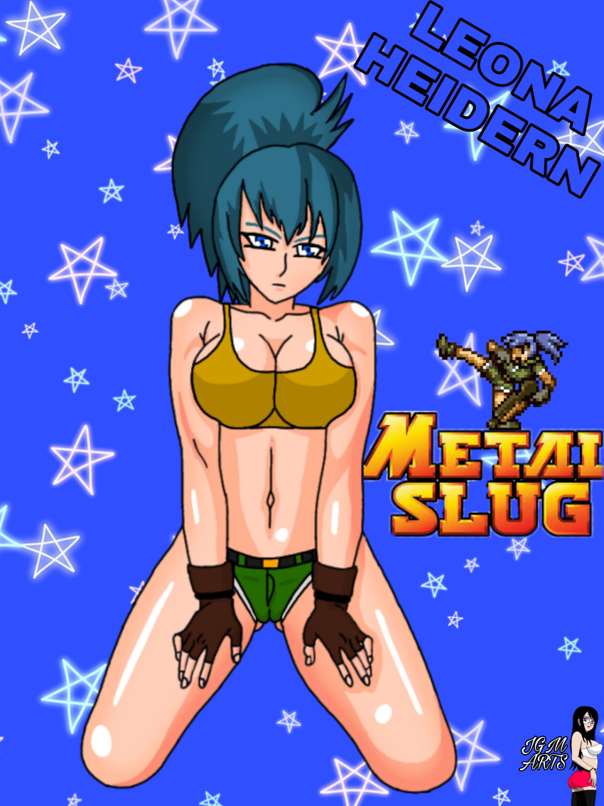 big_breasts blue_eyes blue_hair bra breasts female gloves ikari_warriors jgm_arts king_of_fighters leona_heidern metal_slug military snk solo