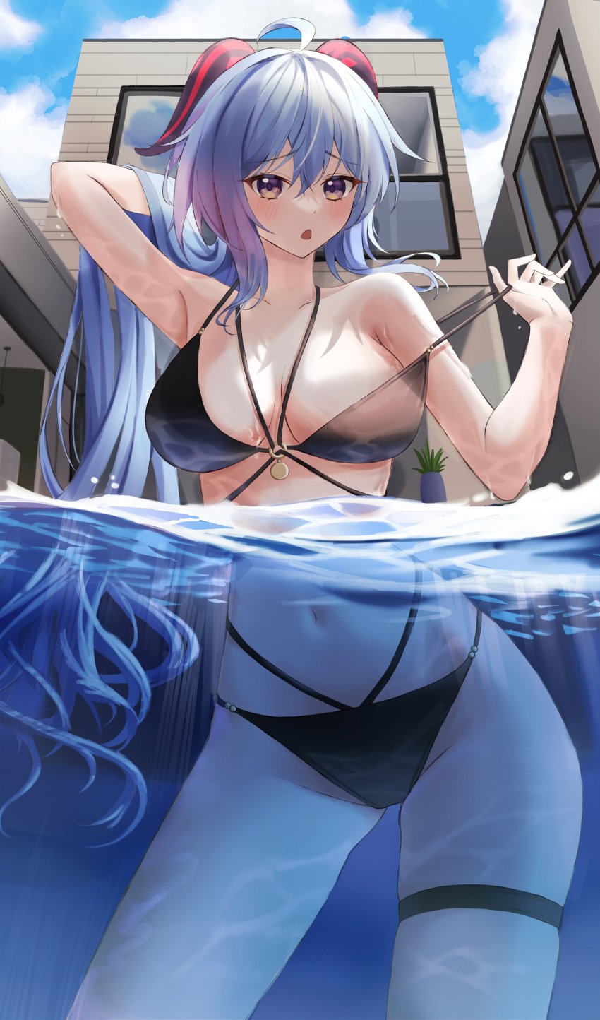 :o absurdres ahoge arm_behind_head arm_up armpits artist_request bare_arms bare_shoulders bikini black_bikini blue_hair breasts cleavage contrapposto cowboy_shot day female ganyu_(genshin_impact) genshin_impact goat_horns hand_up highres horns large_breasts long_hair looking_at_viewer multi-strapped_bikini nacho_(nacho_1103) navel open_mouth outdoors partially_submerged partially_underwater_shot purple_eyes solo standing stomach strap_pull string_bikini swimsuit thigh_strap thighs underwater water wet