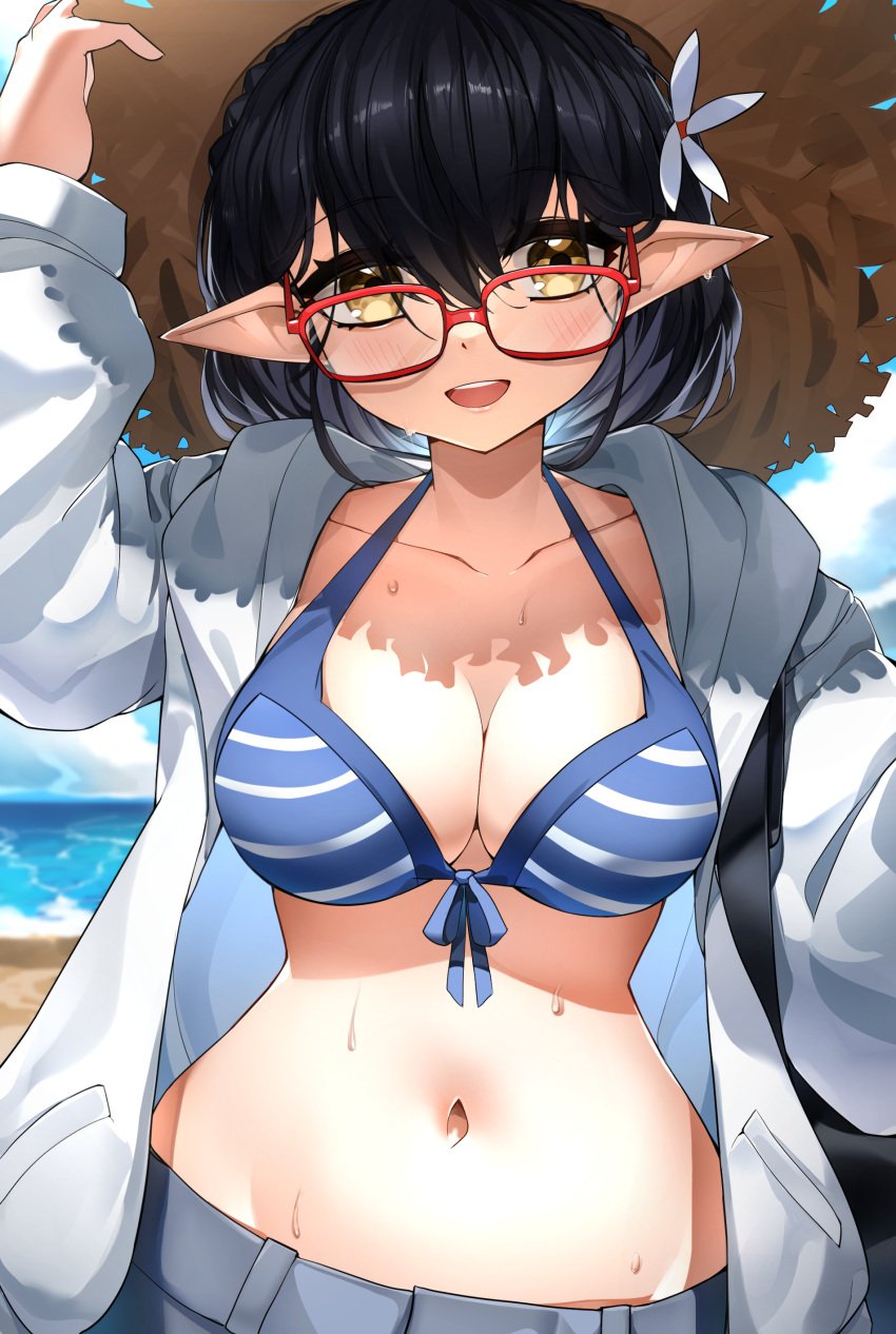 absurdres arm_up ayane_(blue_archive) ayane_(swimsuit)_(blue_archive) bangs beach bikini black_hair blue_archive blue_bikini blush breasts casul cloud commentary elf_ears english_commentary eyebrows_behind_hair female flower foreclosure_task_force_(blue_archive) glasses hair_between_eyes hair_flower hair_ornament hand_on_headwear hat highres jacket large_breasts long_sleeves looking_at_viewer medium_hair mixed-language_commentary navel open_clothes open_jacket open_mouth outdoors pointy_ears red-framed_eyewear smile solo straw_hat striped striped_bikini swimsuit teeth upper_teeth water wet white_jacket yellow_eyes