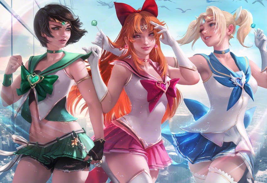 3girls abdomen aged_up arm_cuffs black_hair blonde_female blonde_hair blossom_(powerpuff_girls) blue_eyes bubbles_(powerpuff_girls) buttercup_(powerpuff_girls) choker cleavage ear_piercing female female_only fingerless_gloves freckles gloves green_eyes grown_up lingerie long_hair miniskirt pink_eyes popsicle powerpuff_girls realistic red_hair sailor_fuku sakimichan short_hair sisters skirt stockings thigh_socks thighs tiara wristband