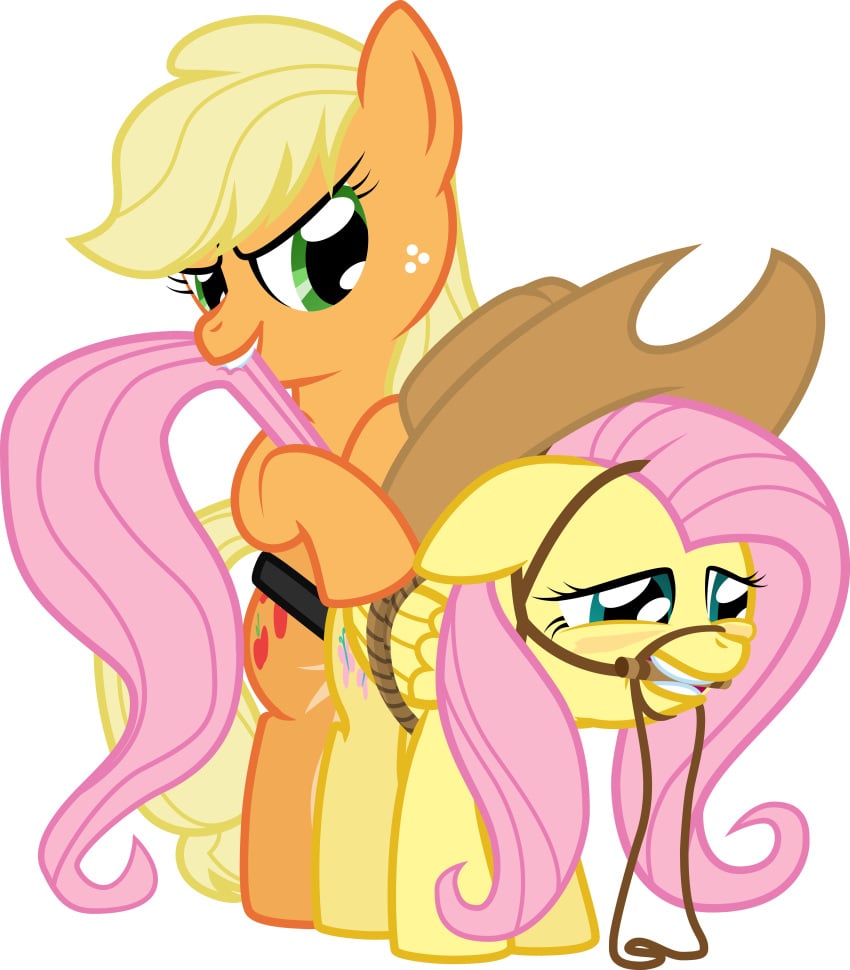 applejack_(mlp) bit blonde_hair blue_eyes bound bridle cowboy_hat cutie_mark dildo equine female fluttershy_(mlp) freckles friendship_is_magic green_eyes hair hat horse kitsuneymario_grant my_little_pony pegasus penetration pink_hair plain_background pony sex_toy smooth_skin strap-on white_background wings