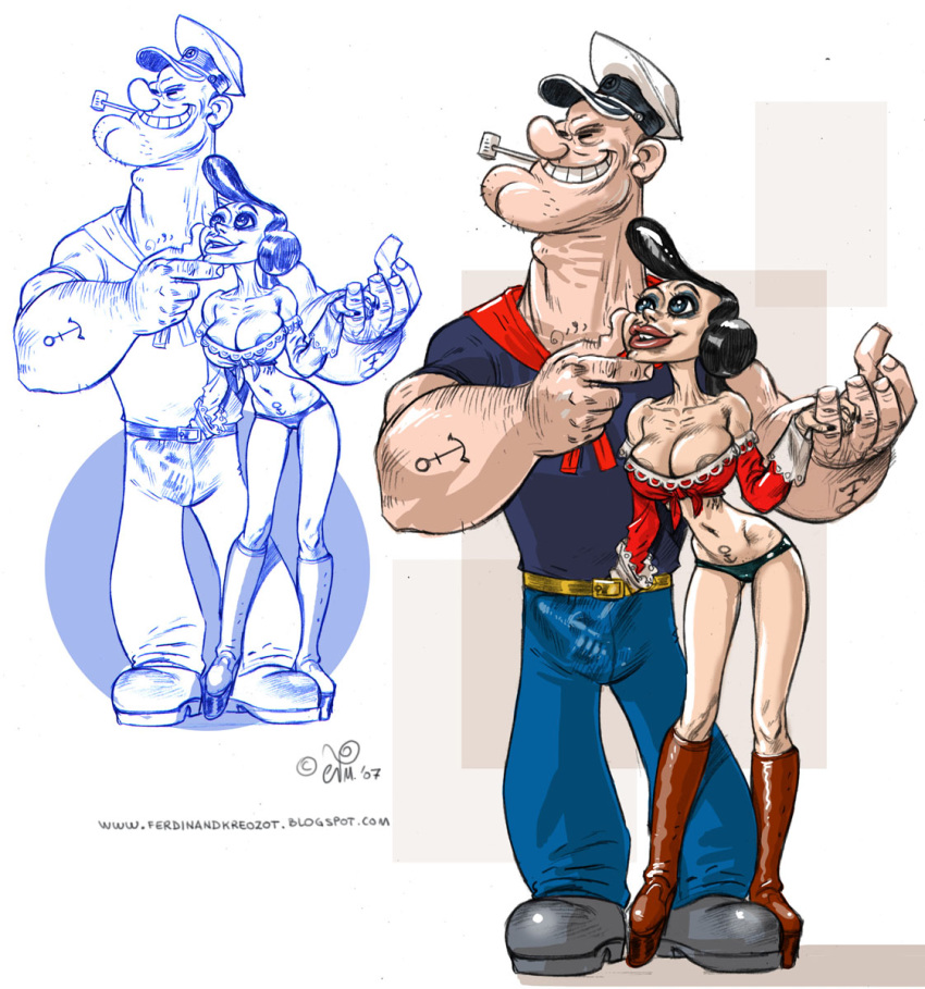 adams_apple anchor_symbol anchor_tattoo buff grin hairy_forearms mothxxx muscular olive_oyl pipe popeye popeye_(series) sailor_hat sailor_uniform tagme