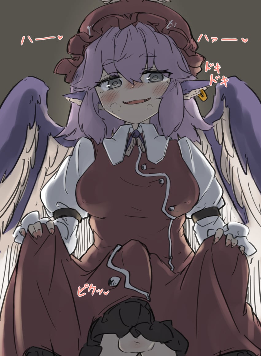 1futa animal_ears bird_ears bird_wings blush bottomless brown_dress brown_headwear clothed clothes_lift clothing dress dress_lift earrings erection frilled_dress frills futa_only futanari grey_eyes hair_between_eyes hat heart highres humanoid humanoid_penis jewelry kemonomimi lifted_by_self light-skinned_futanari light_skin long_sleeves medium_hair mostly_clothed mystia_lorelei open_mouth pink_hair single_earring smile solo standing touhou uisu_(noguchipint) white_wings winged_hat wings