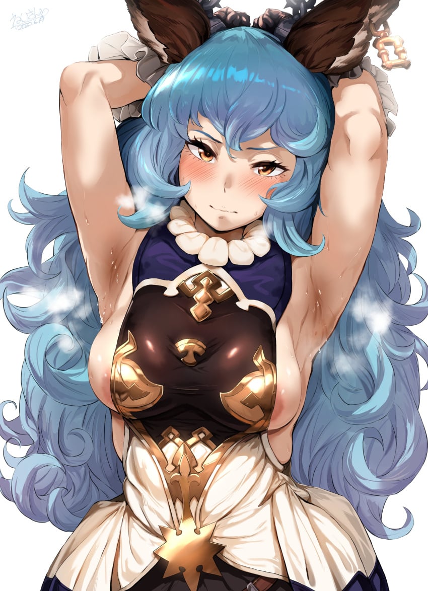 absurdres animal_ears areola_slip armpit_fetish armpit_focus armpits arms_behind_head arms_up backless_dress backless_outfit bangs blue_hair blush breasts bunny_ears closed_mouth commentary_request dress earrings erune female ferry_(granblue_fantasy) frilled_gloves frills gloves granblue_fantasy hero_neisan highres jewelry long_hair looking_at_viewer medium_breasts rabbit_ears sideboob sideless_outfit single_earring smell sweat wavy_hair yellow_eyes