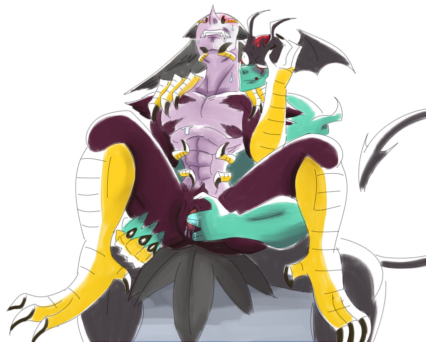 1boy 1cuntboy 2boys akira_fudou bara cloaca cuntboy demon devil devilman devilman_(1972) devilman_(character) devilman_(tv) fingering fingering_pussy gay intersex male monster muscular muscular_male sitting_on_lap yaoi