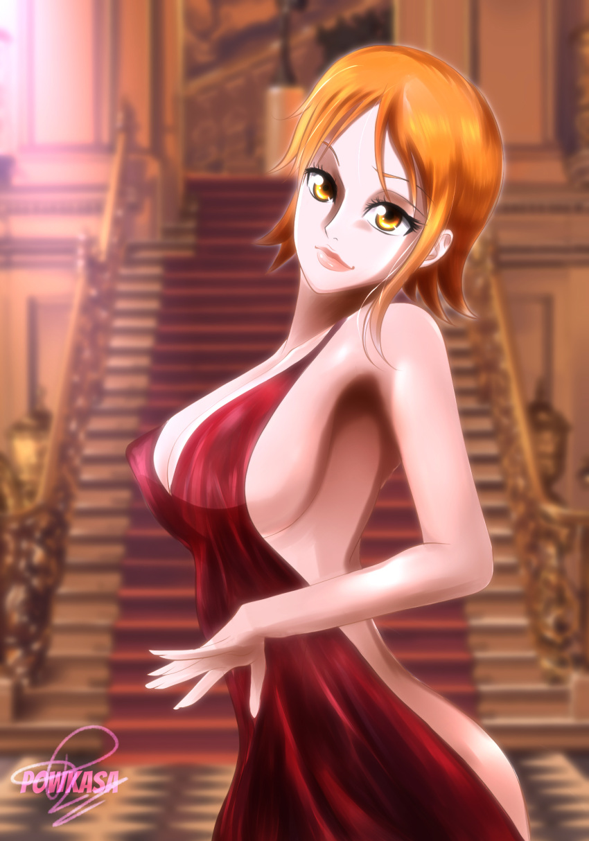 1girls artist_name ass ass_up big_ass big_breasts breasts dress female female_focus female_only holding_breast huge_breasts huge_butt lipstick looking_at_viewer nami nipples one_piece orange_hair powkasa red_dress short_hair shy smile smiling smiling_at_viewer solo solo_female tagme