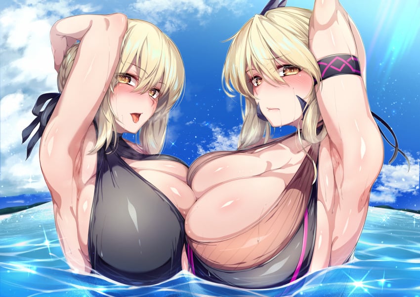 2girls absurd_res alternate_breast_size artoria_pendragon artoria_pendragon_(alter) artoria_pendragon_(lancer) artoria_pendragon_(lancer_alter) big_breasts duo fate/grand_order fate_(series) female_only highres hirasawa_seiji huge_breasts large_breasts light_skin looking_at_viewer milf multiple_girls outside saber smile swimsuit swimwear water wet yellow_eyes