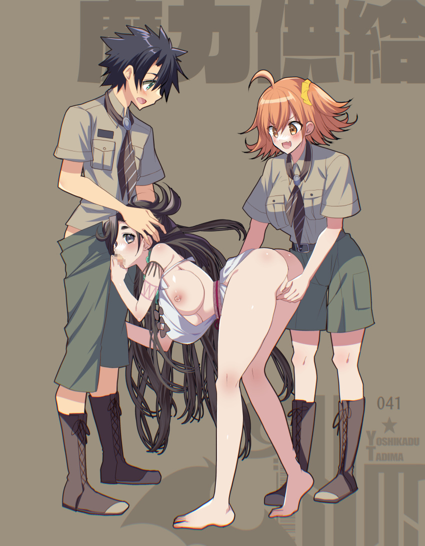 1boy 2girls bisexual bisexual_female black_hair breasts brown_hair censored clothed_sex commentary_request fate/grand_order fate_(series) fellatio female ffm_threesome fingering fujimaru_ritsuka_(female) fujimaru_ritsuka_(male) group_sex highres himiko_(fate) large_breasts multiple_girls nipples oral orange_hair sex standing standing_sex tajima_yoshikazu