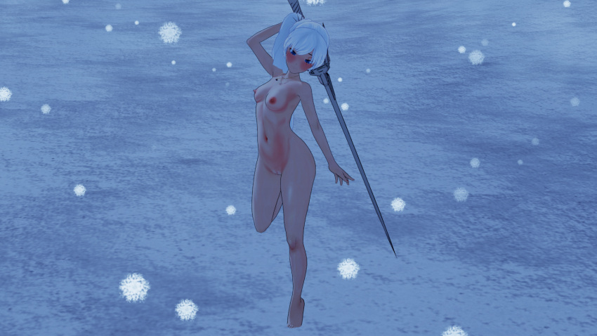 3d ass barefoot breasts completely_nude effineffer myrtenaster night nipples nude outdoors outside pussy rapier rwby snow sword training weapon weiss_schnee