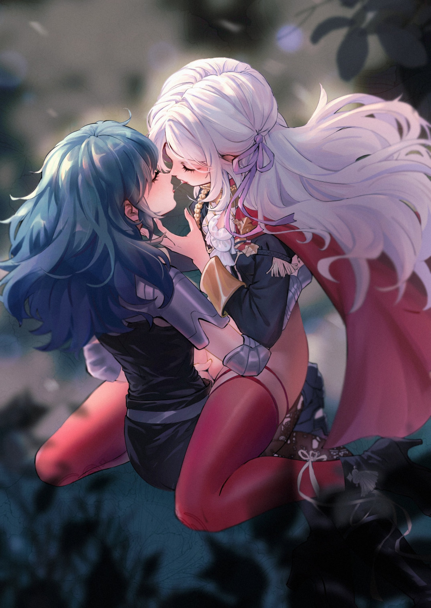 2girls absurdres after_kiss aiguillette armor black_footwear black_jacket blue_hair blurry blush bottomless byleth_(fire_emblem) byleth_(fire_emblem)_(female) cape chinese_commentary closed_eyes clothing commentary_request depth_of_field edelgard_von_hresvelg facing_another female female_only fingering fire_emblem fire_emblem:_three_houses fringe_trim from_above garreg_mach_monastery_uniform gauntlets hair_ribbon half_updo high_heels highres jacket leaf lens_flare long_hair multiple_girls nintendo outdoors pauldrons pink_hair pre-timeskip red_cape red_legwear ribbon saliva saliva_trail san_xun_san_ye second-party_source shoulder_armor sitting sitting_on_lap sitting_on_person stockings thighhighs yuri