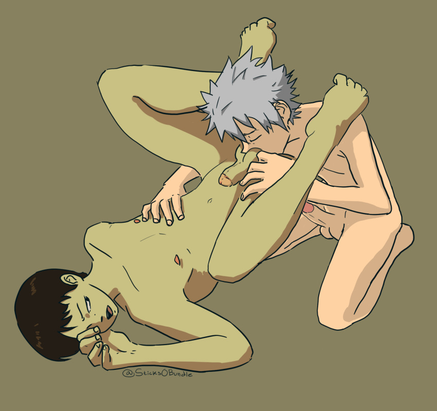 2boys anilingus artist_name black_hair erect_while_rimmed erection gay gay_sex green_skin grey_hair kaworu_nagisa male_rimming_male neon_genesis_evangelion nude olive_background oral_sex penis_size_difference rimjob rimming rimming_male shinji_ikari small_penis sticks_o_bundle sticksobundle yaoi