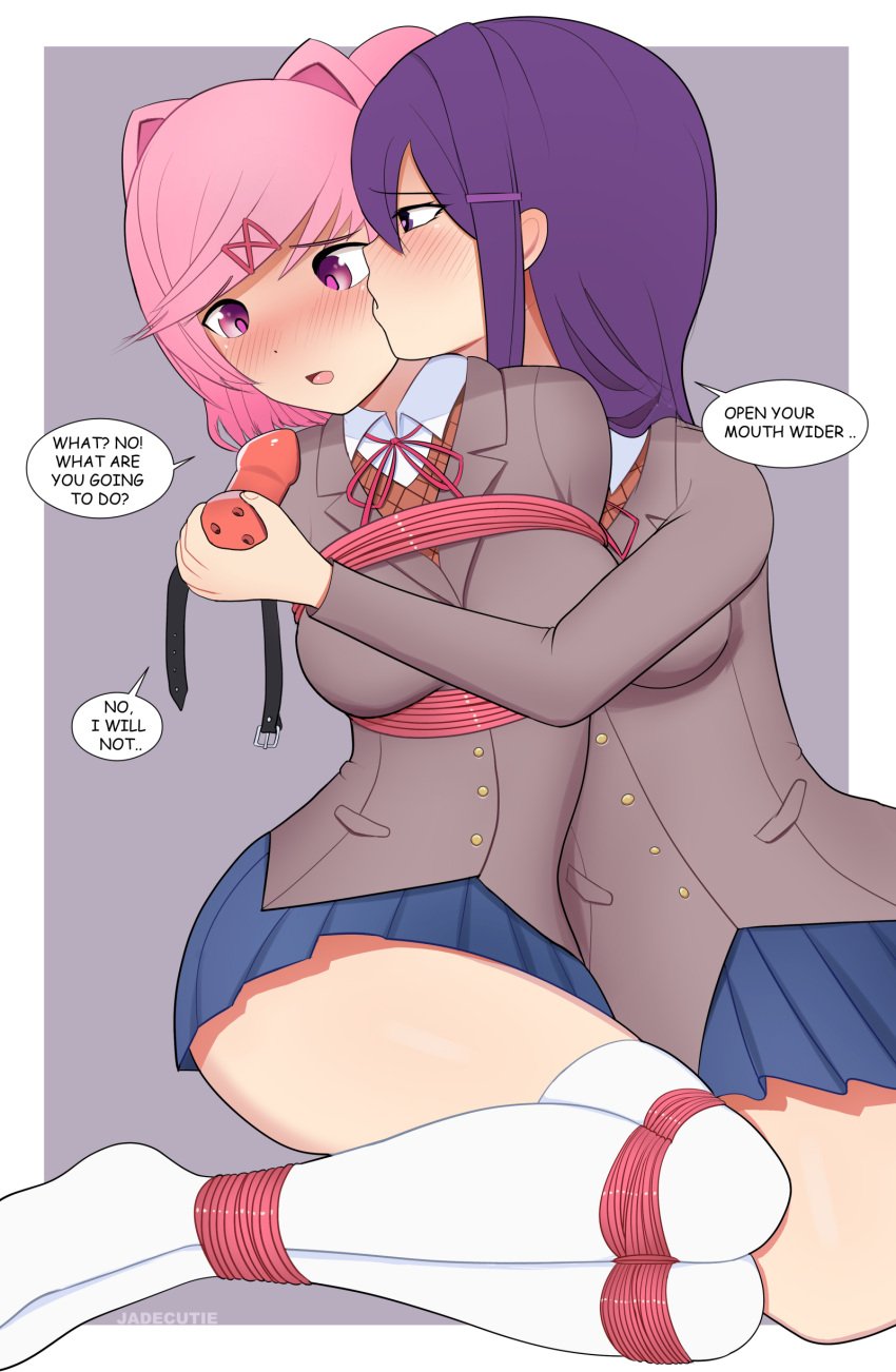 2girls bondage bound bound_ankles bound_arms bound_legs dildo dildo_gag doki_doki_literature_club english_text female female_only femdom femsub fully_clothed gag jadecutie miniskirt multiple_girls natsuki_(doki_doki_literature_club) open_mouth pink_eyes pink_hair pink_rope purple_eyes purple_hair putting_on_gag restrained rope rope_bondage school_uniform schoolgirl sex_toy skirt speech_bubble stockings text text_bubble tied_up yuri yuri_(doki_doki_literature_club)