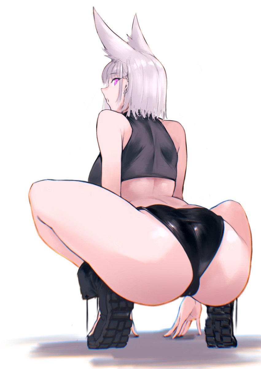 absurdres all_fours animal_ears arched_back arm_support ass ass_focus back bare_shoulders black_footwear black_panties black_shirt boots breasts cameltoe chromatic_aberration commission crop_top extra_ears female female from_behind highres looking_at_viewer looking_back original panties parted_lips pink_eyes profile rowkiba shiny shiny_clothes shirt short_hair simple_background sleeveless sleeveless_shirt solo squatting thighs tiptoes underwear white_background white_hair wolf_ears