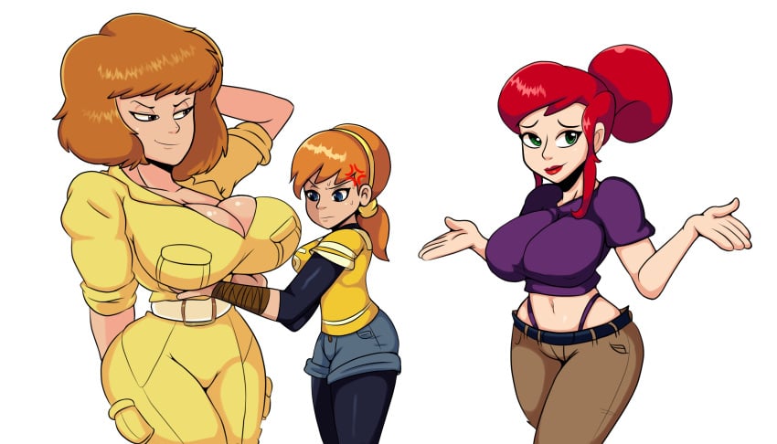 3girls 4kids_entertainment adult anger_vein april_o'neil april_o'neil_(tmnt_1987) april_o'neil_(tmnt_2003) april_o'neil_(tmnt_2012) arm_behind_head big_breasts blue_eyes bow breast_envy breast_fondling breasts brown_hair busty cbs_(broadcasting_company) cleavage counterpart crossover curvy female female_only fondling_otherself green_eyes hair_bun hairbow iggy-bomb jealous jumpsuit large_breasts legs lipstick looking_at_viewer low_ponytail medium_breasts midriff multiple_girls multiversal_counterpart_grouping navel nickelodeon pants pose red_hair red_lips shirt short_hair shorts smile smug square_crossover sweatdrop teenage_mutant_ninja_turtles teenage_mutant_ninja_turtles_(1987) teenage_mutant_ninja_turtles_(2003) teenage_mutant_ninja_turtles_(2012) teenager thick_thighs thighs thong tmnt tmnt_1987 tmnt_2003 tmnt_2012 voluptuous whale_tail