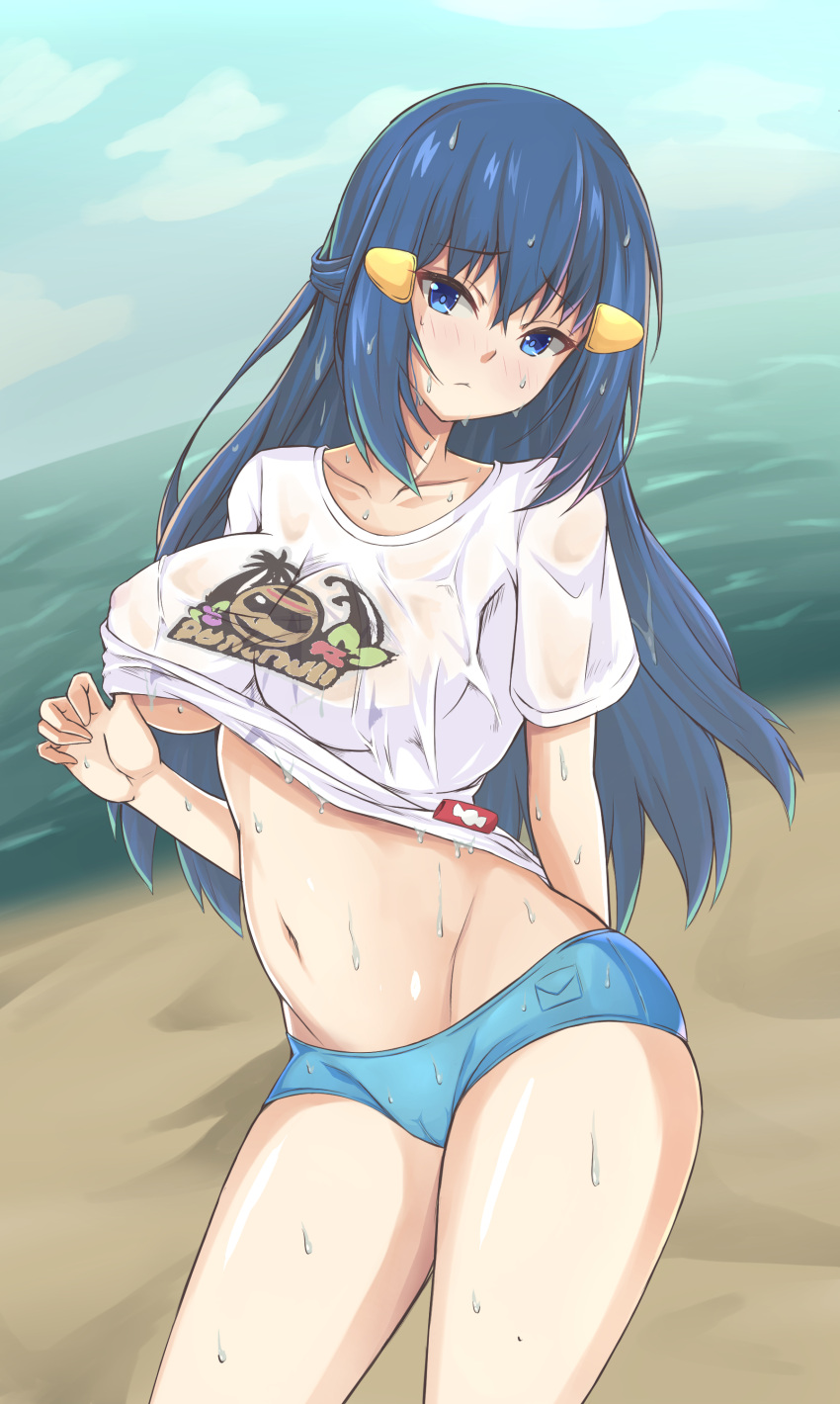 1girls beach blue_eyes blue_hair blush breasts cameltoe clothed clothes clothing dawn_(pokemon) female frown highres large_breasts long_hair lying navel nintendo nipples ocean outdoors pokemon pokemon_dppt sand shirt_lift solo sweat underboob water wet wet_clothes zone25388591