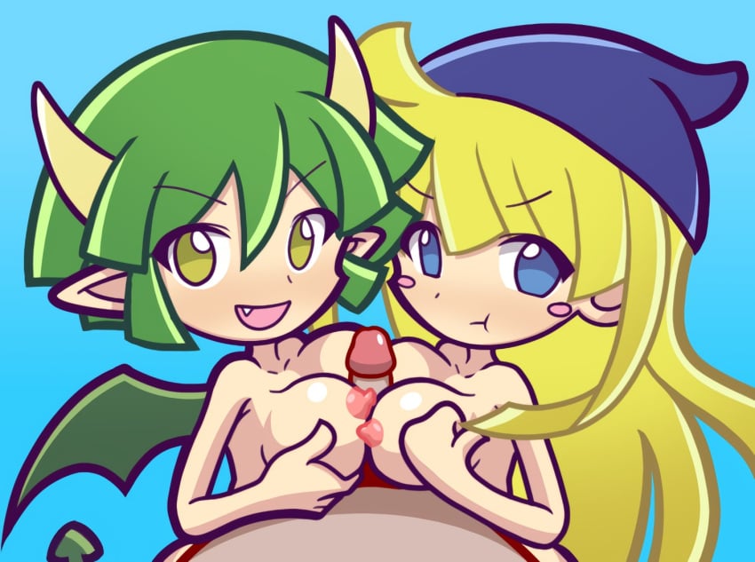 1boy 2girls accurate_art_style artstyle_imitation between_breasts blonde_hair blush draco_centauros furii_(artist) green_hair hat horns light-skinned_female light_skin looking_at_viewer paizuri penis pout pouting pov puyo_puyo puyo_puyo_artstyle sega sex straight style_parody titjob witch witch_(puyo_puyo)