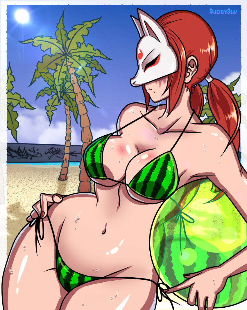 1girls alluring beach big_breasts bikini breasts burn_scar female female_focus female_only fruit g-string g-string_only huge_breasts kitsune_mask kunimitsu large_breasts milf namco ocean palm_tree pudgyblu red_hair seductive solo_female tekken tekken_1 tekken_2 tekken_tag_tournament tekken_tag_tournament_2 watermelon watermelon_bikini