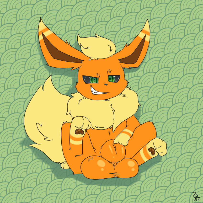 1:1 2022 absurd_res animal_genitalia azzyyeen balls big_balls big_sheath black_sclera eeveelution fan_character feral flareon front_view fully_sheathed fur genitals green_background green_eyes grin hi_res hindpaw huge_balls huge_sheath hyper hyper_balls hyper_genitalia hyper_sheath male markings multicolored_body multicolored_fur nintendo nude orange_body orange_fur pawpads paws pokémon_(species) pokemon pokemon_(species) quadruped sheath simple_background sitting smile solo spiral_eyes two_tone_body two_tone_fur video_games vovo