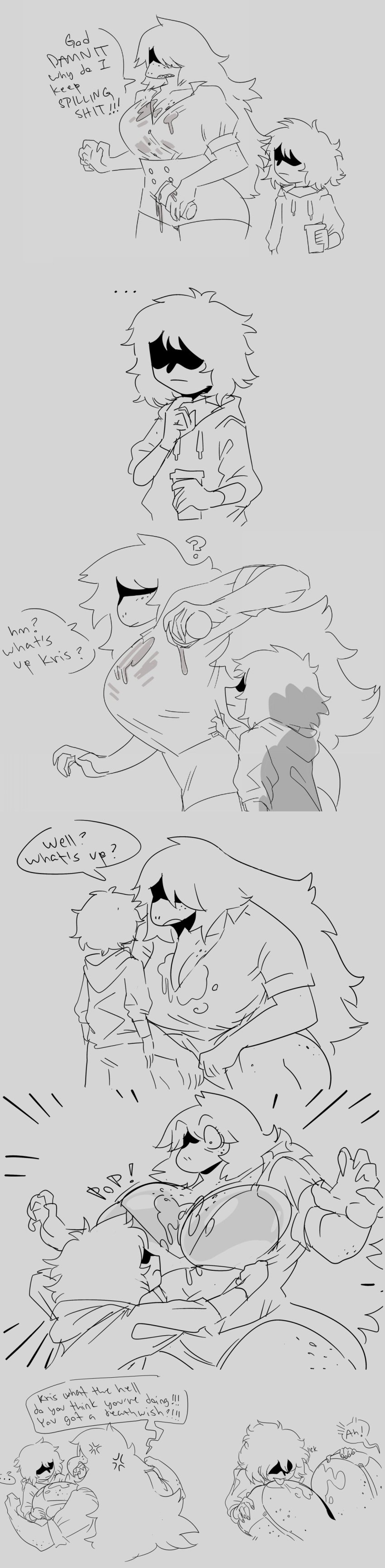 1boy 1boy1girl 1girls artist_request big_breasts bigger_female bra breast_bigger_than_head coffee coffee_cup comic deltarune dialog dialogue doodle drinking english english_dialogue english_text female female_anthro kris_(deltarune) licking licking_breast male male/female male_human male_human/female_anthro multiple_panels opening_shirt scalie shirt_open size_difference spilled_drink spilling_drink surprise surprised surprised_expression susie_(deltarune) tagme tagme_(artist) taller_female taller_girl text text_bubble threatening underwear undressed undressing undressing_another undressing_partner