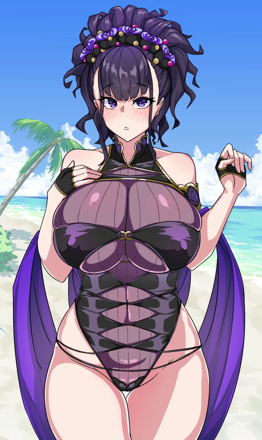 big_breasts big_nipples fate/grand_order fate_(series) light_skin looking_at_viewer murasaki_shikibu_(swimsuit_rider)_(fate) muta_poo nipple_bulge purple_eyes purple_hair skindentation swimsuit