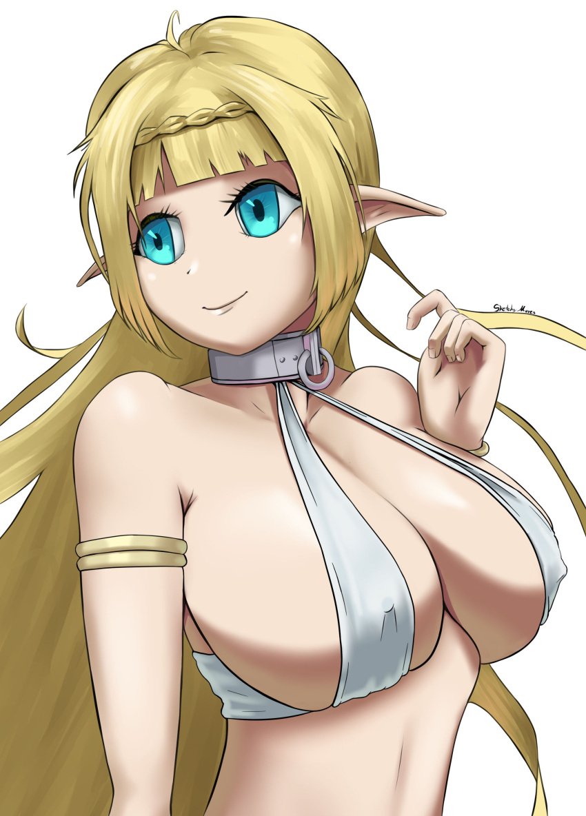 1girls aqua_eyes artist_name big_breasts blonde_hair breasts busty cleavage female female_only highres how_not_to_summon_a_demon_lord isekai_maou_to_shoukan_shoujo_no_dorei_majutsu large_breasts long_hair pointy_ears shera_l_greenwood sideboob slave_collar smile solo