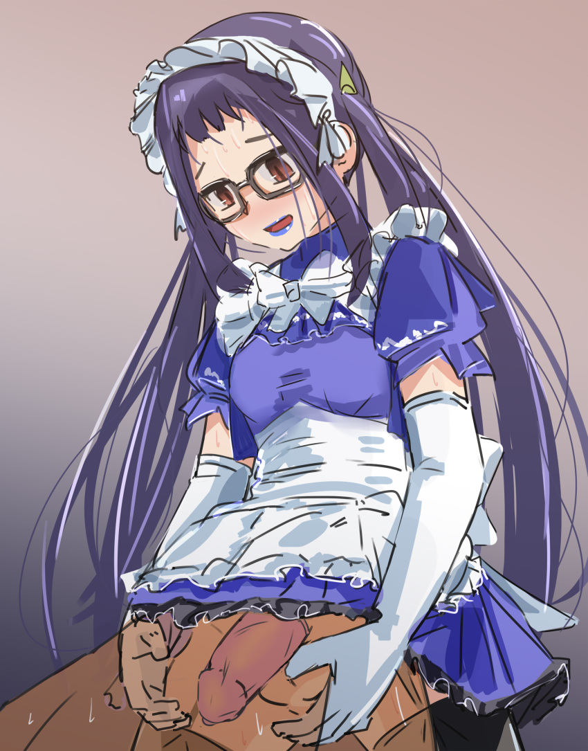 1boy 1futa anal anal_sex blush condom dress futa_is_bigger futa_on_male futadom futanari glasses gloves long_gloves long_hair maid maid_apron maid_dress maid_headdress maid_uniform male oogaki_chiaki penetration penis_size_difference raitaroo sweat twintails white_gloves yurucamp