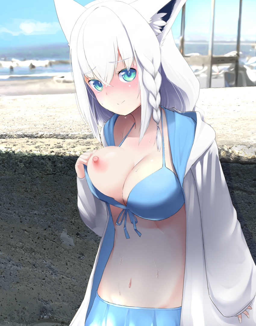 animal_ears bikini blue_bikini blush braid breasts exhibitionism female flashing fox_ears fox_girl fuwakuyuu green_eyes highres hololive hololive_gamers hololive_gen_1 hololive_japan nipples one_breast_out open_clothes oppai_challenge public_indecency shirakami_fubuki solo swimsuit virtual_youtuber white_hair