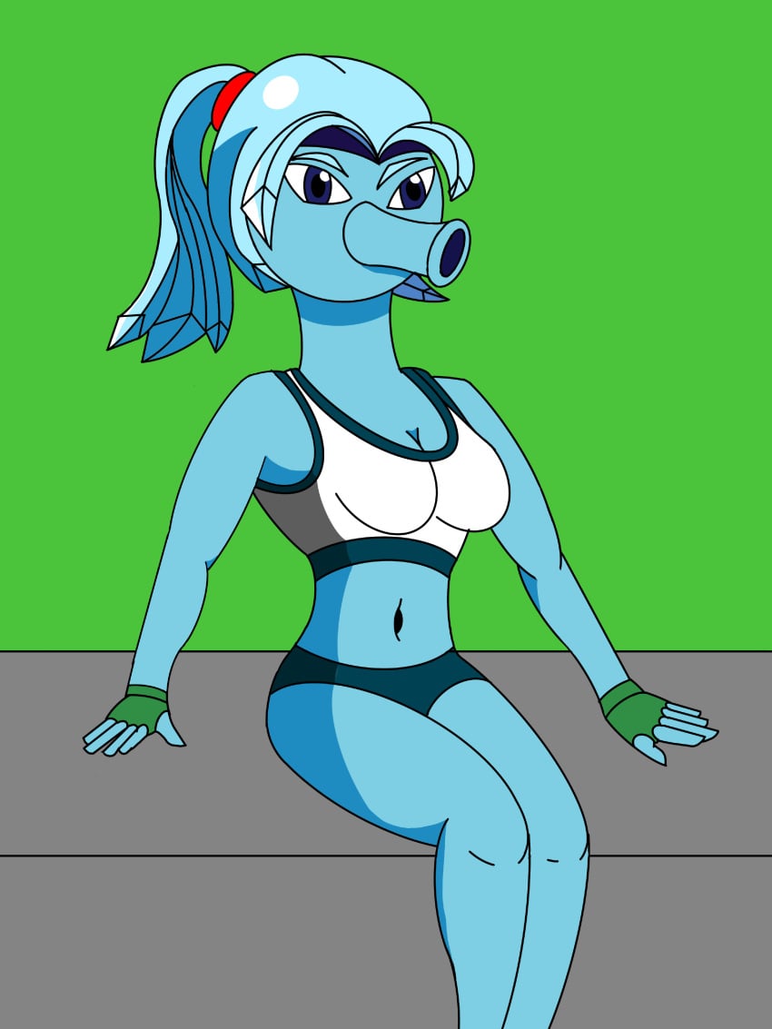 blue_skin exotron green_background plantie plants_vs_zombies snow_pea_(pvz) sports_bikini sports_bra sportswear