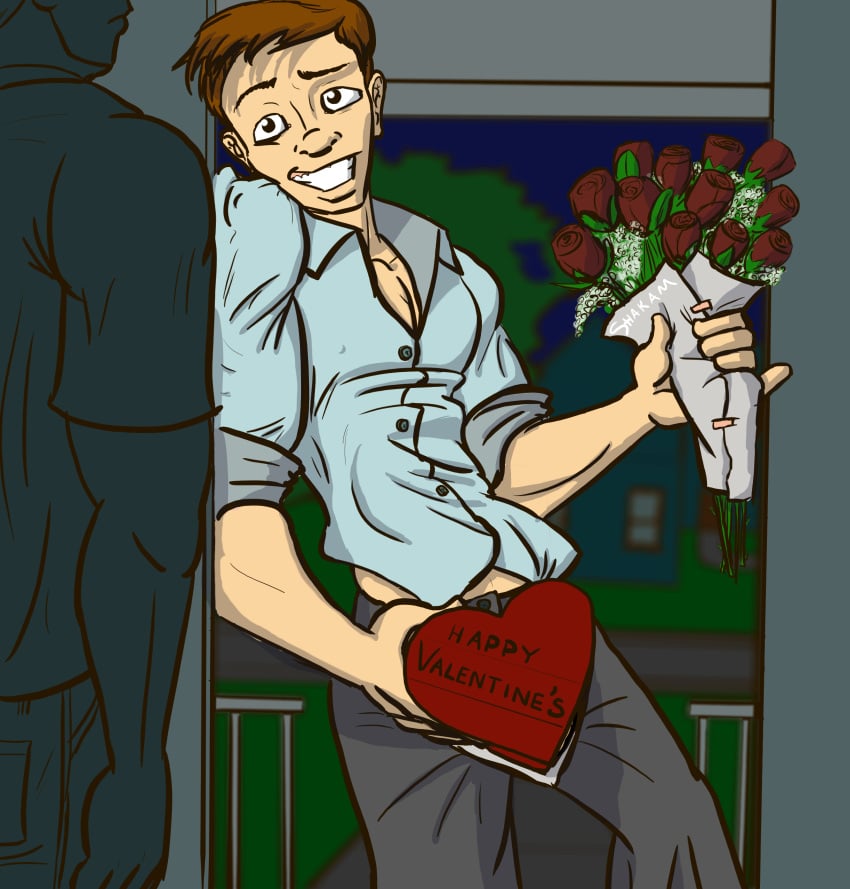 2boys animated balls buttoned_shirt chocolate_box cocky daddy doorstep erection exposed_penis gay gif gift gift_box ginger_hair heart_box holding_flower holding_flowers inviting_to_sex large_penis leaning_on_doorway male male_only manly oc original_character penis_reveal romantic rose_(flower) roses shakam shirt smile smiling smiling_at_partner surprise testicles valentine's_day veiny_penis