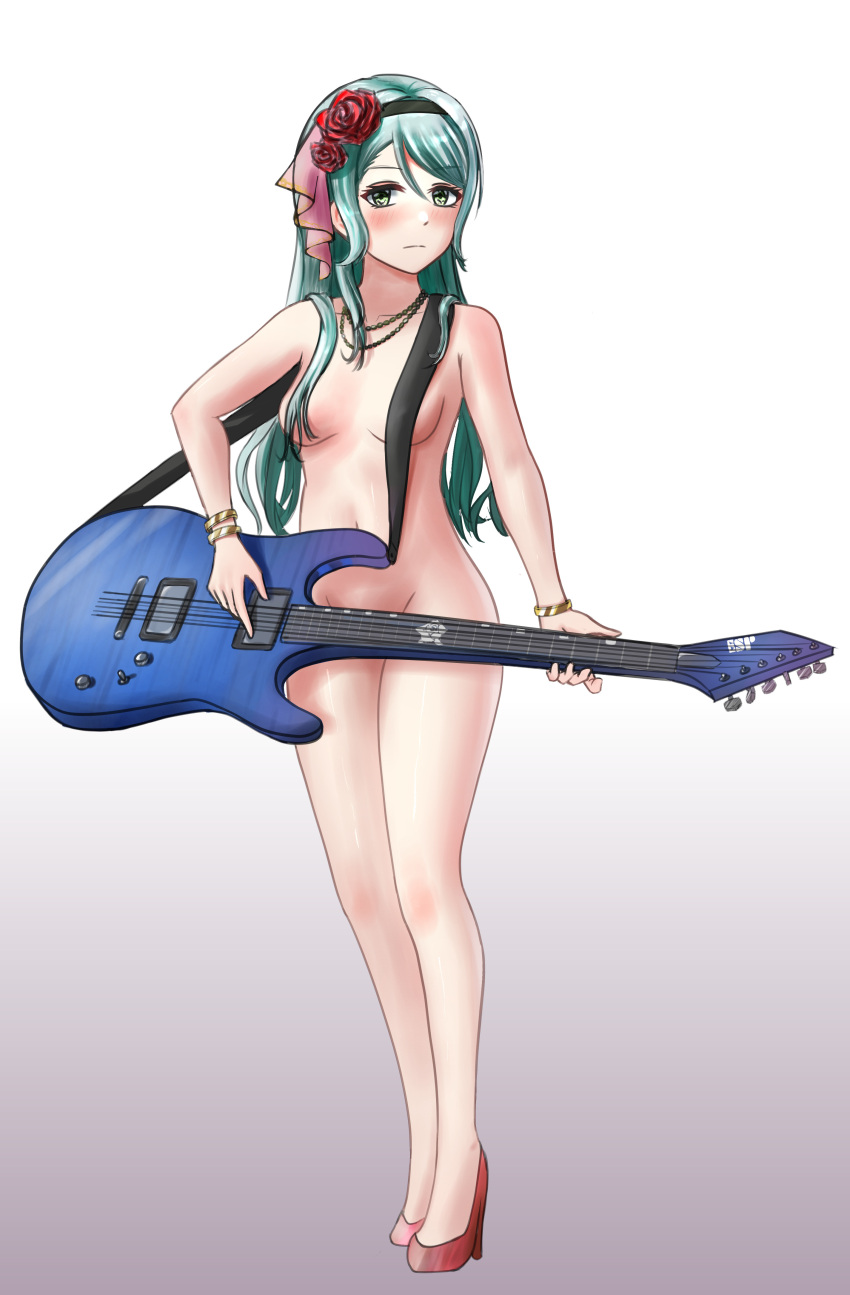 absurdres aqua_hair bang_dream! blush bracelet breasts closed_mouth convenient_censoring female flower furiousghafo gradient gradient_background green_eyes guitar hair_censor hair_flower hair_ornament hair_over_breasts hair_over_one_breast high_heels highres hikawa_sayo instrument jewelry long_hair naked_footwear naked_heels navel necklace nude rose simple_background small_breasts solo standing