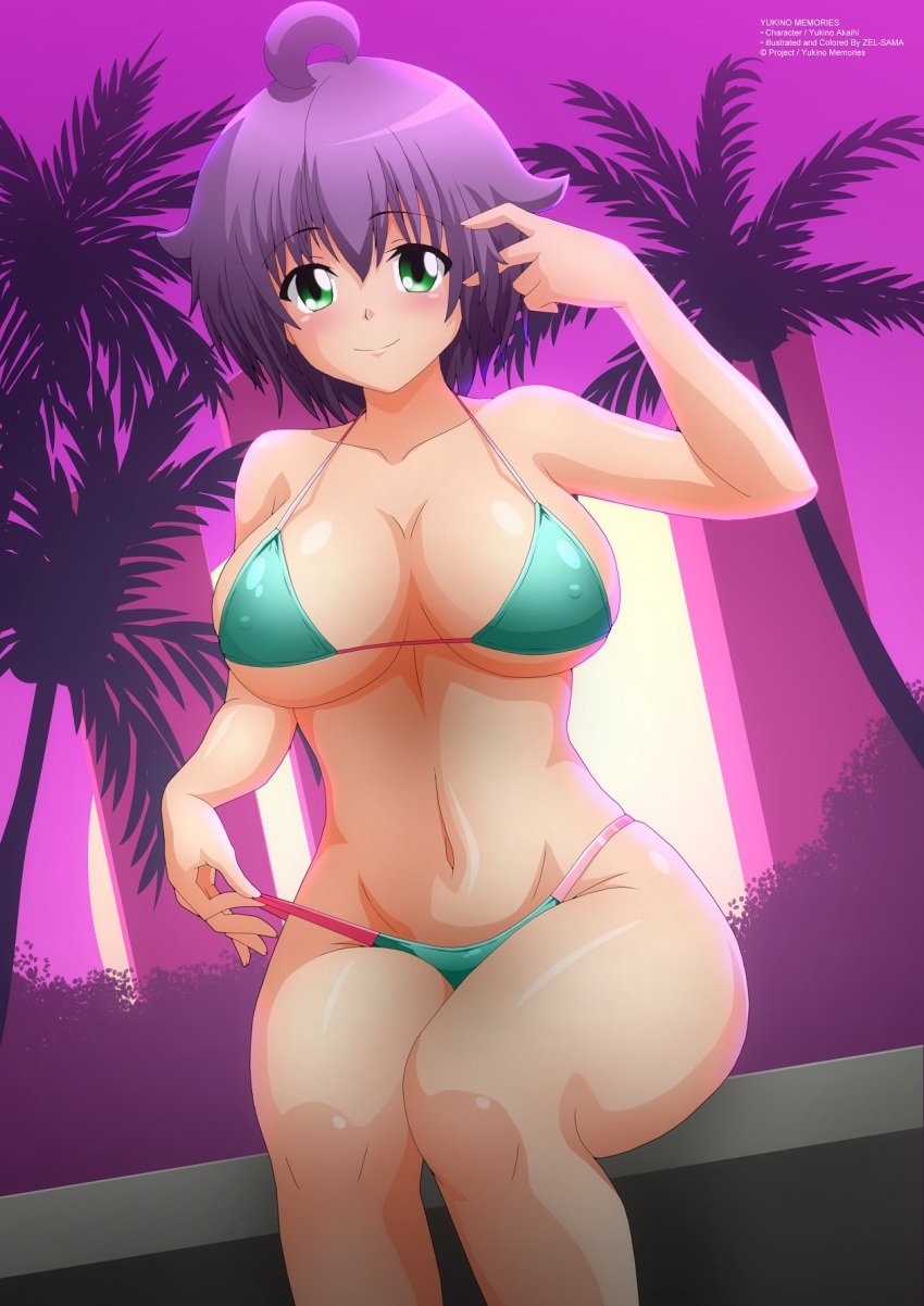 1girls big_breasts bikini bikini_pull breasts busty cleavage clothes_pull covered_erect_nipples female female_only green_eyes large_breasts legs looking_at_viewer navel purple_hair short_hair sitting smile solo swimsuit teasing thick_thighs thighs underboob yukino_akaihi yukino_memories zel-sama