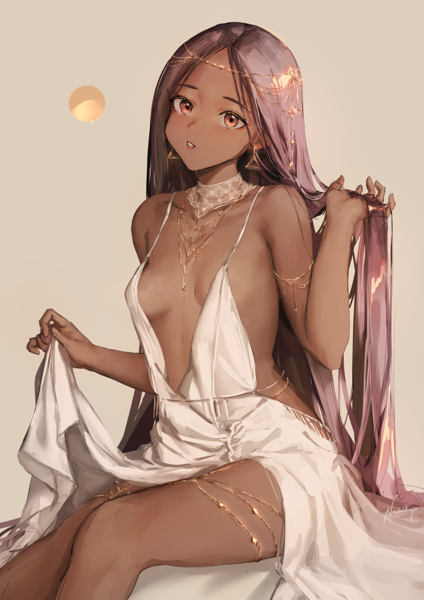 1girls armband bare_arms bare_legs bare_shoulders bare_thighs breasts brown_eyes brown_hair cleavage dark-skinned_female dark_skin deep_cleavage demi_(nashidrop) ear_ring eyebrows_visible_through_hair female female_only gold_jewelry hair_ornament holding_hair inner_sideboob jewelry long_hair looking_at_viewer nashidrop navel navel_line necklace side_view sideboob simple_background sitting skimpy_clothes small_breasts solo tanned tanned_skin thigh_strap thighs white_clothing white_dress