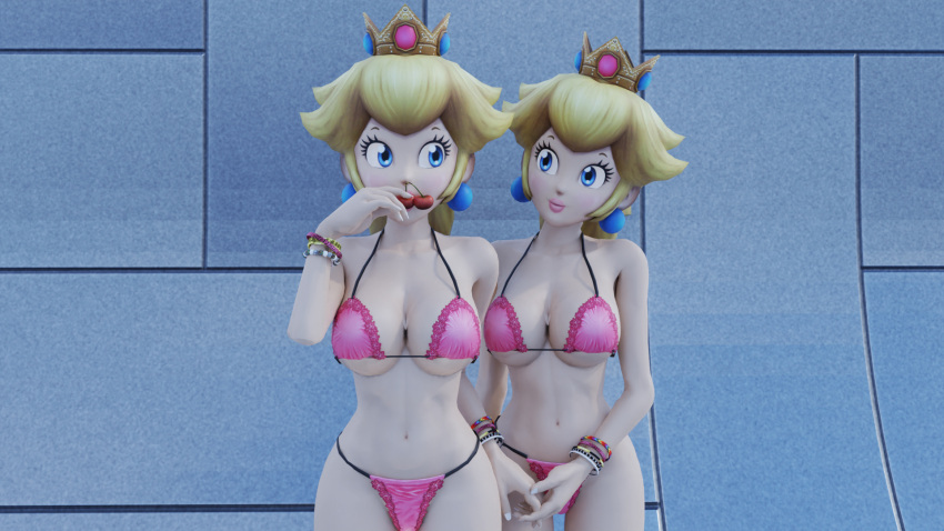 2girls 3d 3d_(artwork) big_breasts bikini blonde_hair blue_eyes breasts busty casual cherry cleavage clone curvy double_cherry female female_only food fruit highres holding_hands human jewelry large_breasts legs lips lying makeup mario_(series) multiple_girls navel nintendo pale_skin pink_bikini ponytail princess princess_peach selfcest smile super_mario_3d_world swimsuit swimwear thick_thighs thighs underboob