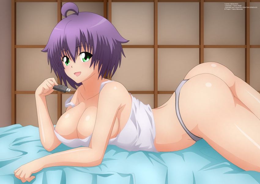 1girls ass bed big_ass big_breasts breasts busty cleavage dat_ass female female_only gray_panties green_eyes large_breasts legs looking_at_viewer lying midriff no_bra on_stomach panties pose purple_hair shirt short_hair sleeveless sleeveless_shirt smile thighs thong underwear usb yukino_akaihi yukino_memories zel-sama