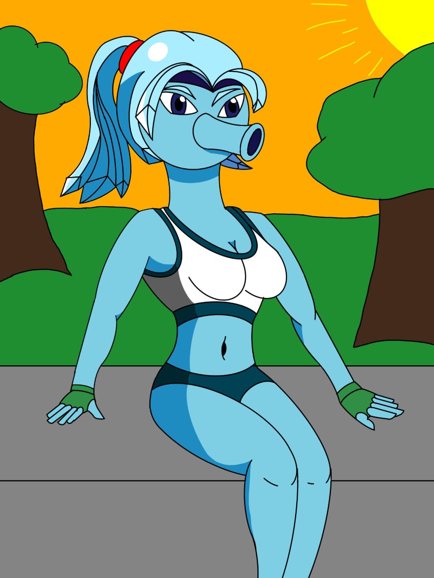 blue_skin exotron park plantie plants_vs_zombies snow_pea_(pvz) sports_bikini sports_bra sportswear sunset