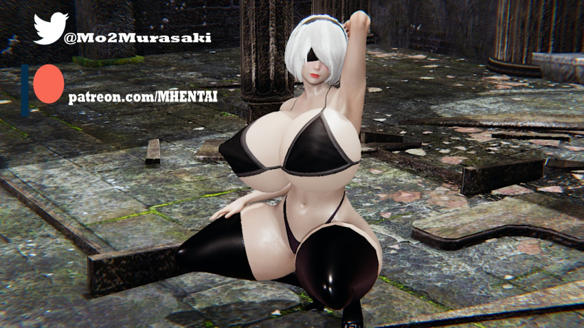 3d bikini blindfold bob_cut honey_select huge_breasts murasakio_(artist) nier:_automata nier_(series) white_hair yorha_2b