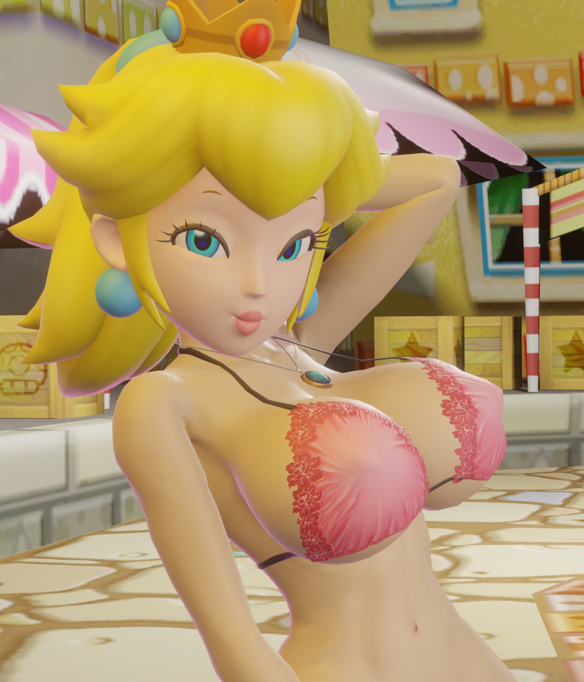 1girls 3d arm_behind_head armpits big_breasts bikini blonde_hair blue_eyes breasts busty cleavage highres jewelry large_breasts lipstick looking_at_viewer makeup mario_(series) mouth mouth_drool navel nintendo open_mouth pendant pink_bikini ponytail pose posing princess princess_peach seductive seductive_pose seductive_smile sensual sideboob smile super_mario_bros. sweat sweaty_body