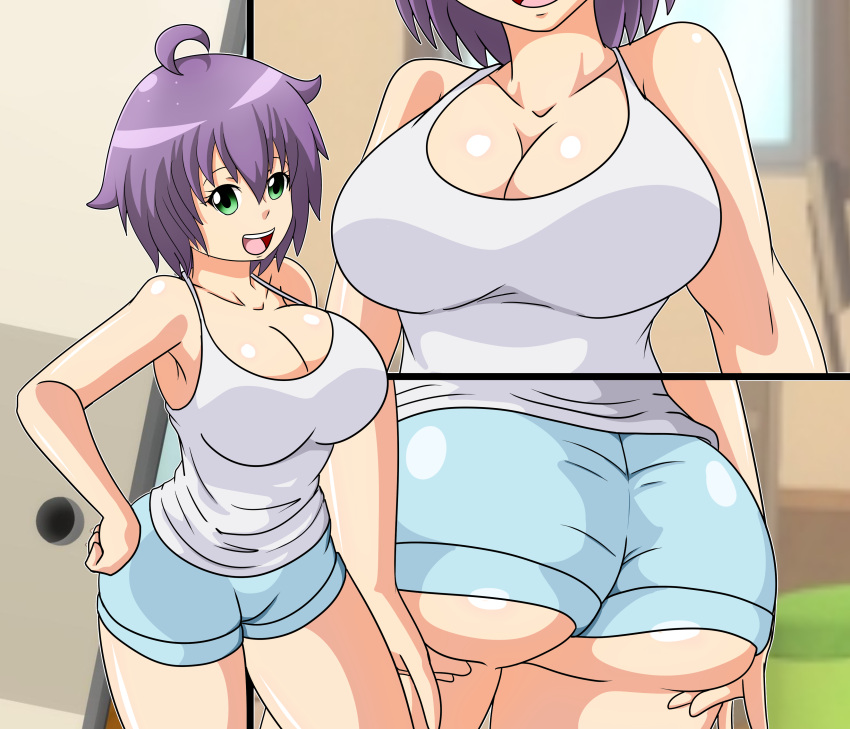 1girls artist_request ass ass_grab big_breasts breasts bubble_butt busty cleavage close-up dat_ass female female_only green_eyes hand_on_hip highres large_breasts legs open_mouth pose purple_hair shirt short_hair shorts sleeveless sleeveless_shirt smile solo thick_thighs thighs yukino_akaihi