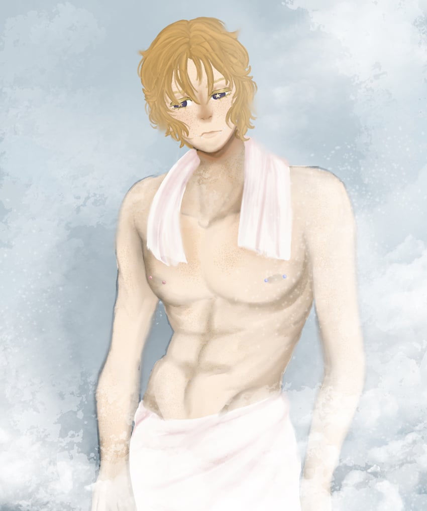 1boy bath blonde_hair blue_eyes cute gay human human_only identity_v light-skinned_male light_skin male male_only mike_morton nipple_piercing piercings pink_nipples solo solo_male star_eyes steam towel towel_around_neck towel_around_waist