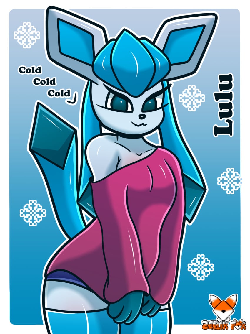 1girls 2020s 2022 3:4 anthro anthrofied blue_eyes breasts canid clothed clothing curvy_figure dialogue digital_media_(artwork) eeveelution english_text eyelashes facial_tuft female fishnet footwear generation_4_pokemon glaceon gynomorph heart hi_res latex legwear looking_at_viewer lulu_(zerlix_fox) nintendo pokemon pokemon_(species) pokemorph raised_clothing raised_shirt raised_tank_top raised_topwear shirt signature socks solo tank_top text topwear tuft under_boob underwear video_games white_body zerlix_fox