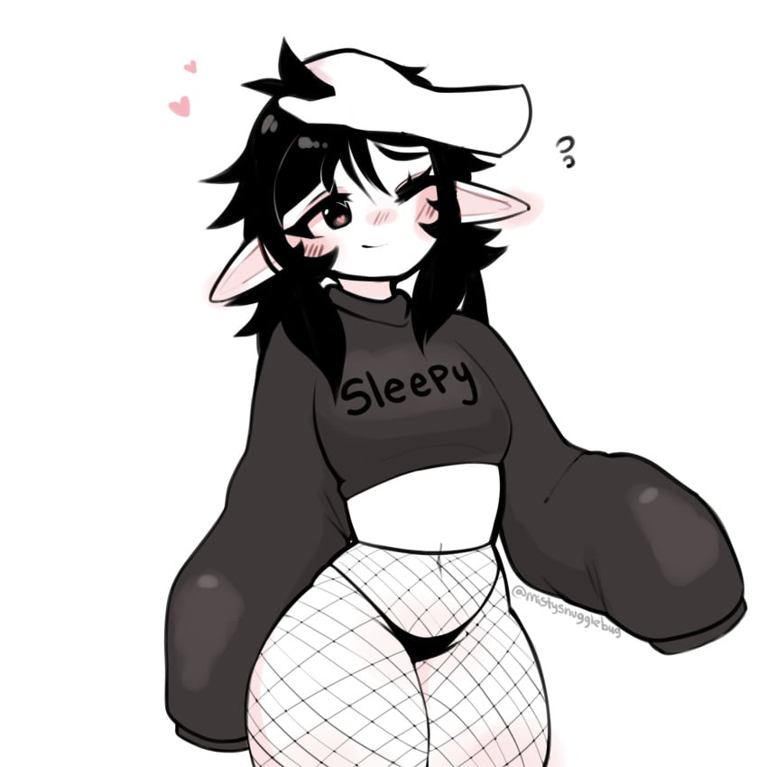 1other black_eyes black_panties crop_top cute ears_down female fishnet_pantyhose fishnets head_pat heart heart-shaped_pupils long_ears long_sleeves mistysnugglebug one_eye_closed pantyhose patting_head pointy_ears sleepy_(mistysnugglebug) smile sweater thick_thighs thighs thong wholesome wide_hips