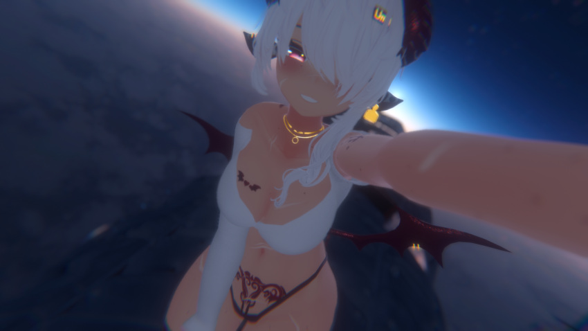 3d artsyvrc big_breasts blush breasts cleavage cow_ears cropped_sweater dark-skinned_female dark_skin demon demon_girl horns large_breasts no_bra panties pubic_tattoo red_eyes scar scars smug smug_face succubus succubus_horns succubus_tattoo succubus_wings vrchat vrchat_avatar white_hair wings