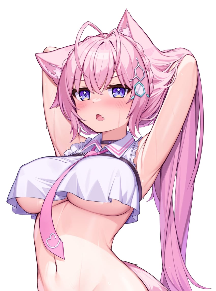 animal_ear_fluff animal_ears armpits bangs blush braid breasts coyote_ears coyote_girl coyote_tail crop_top deaver female hair_between_eyes hair_ornament hakui_koyori highres hololive hololive_japan holox large_breasts long_hair looking_at_viewer necktie oerba_yun_fang pink_hair pink_necktie purple_eyes shirt skin_fang solo tail underboob virtual_youtuber white_shirt