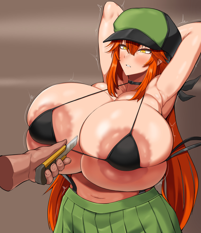 1girls arms_behind_head big_breasts breasts bursting_breasts busty cutting cutting_clothes disembodied_hand dress enormous_breasts female giant_breasts gigantic_breasts hands_behind_head hat huge_breasts hyper_breasts knife large_areolae large_breasts long_hair massive_breasts micro_bikini red_hair redhead skirt straining_clothing string_bikini tiger_drop undersized_clothes yellow_eyes