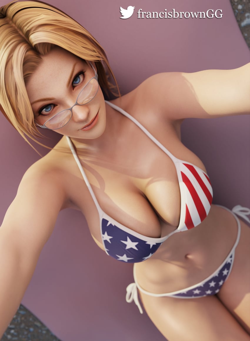 1girls 3d 4th_of_july american_flag american_flag_bikini big_breasts bikini blonde_hair blue_eyes breasts dead_or_alive female female_only flag_bikini francis_brown glasses looking_at_viewer looking_over_eyewear looking_over_glasses looking_over_sunglasses solo sunglasses swimsuit thick_thighs tina_armstrong united_states_of_america usa